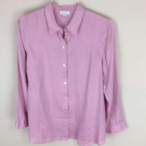 J Jill Pink Love Linen Button Down Long Sleeve Shirt will roll up Tabs Medium - Picture 1 of 14